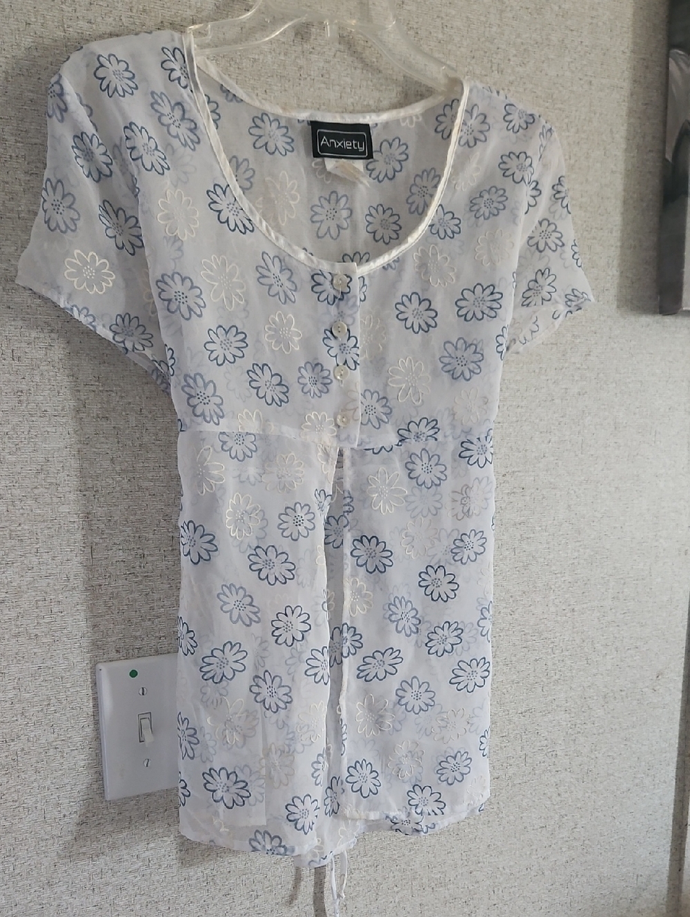 Anxiety Sheer Floral Tie-Front Top in White and Blue